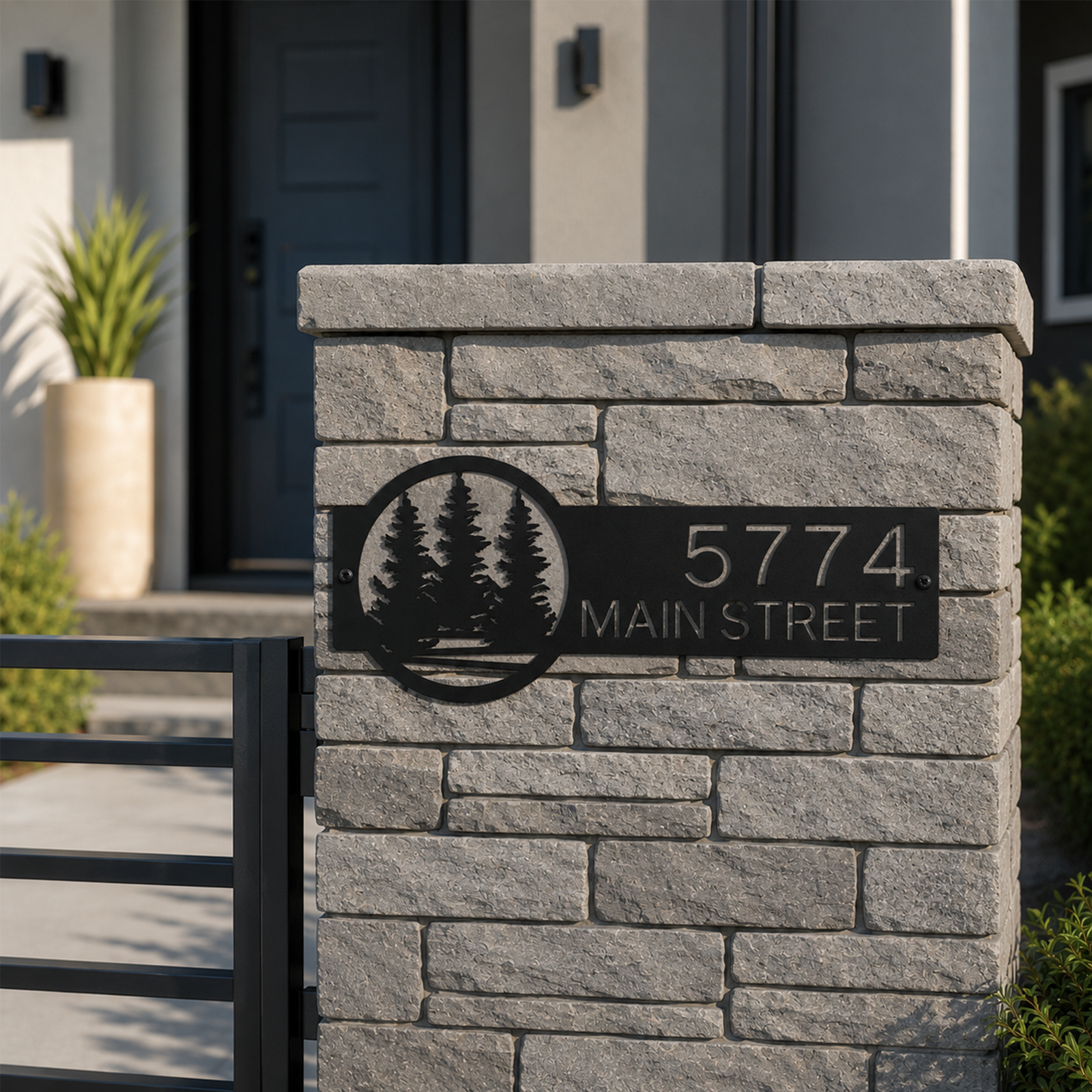 Black metal personalized address sign with forest tree cutout design mounted on gray stone gate pillar displaying 5774 Main Street