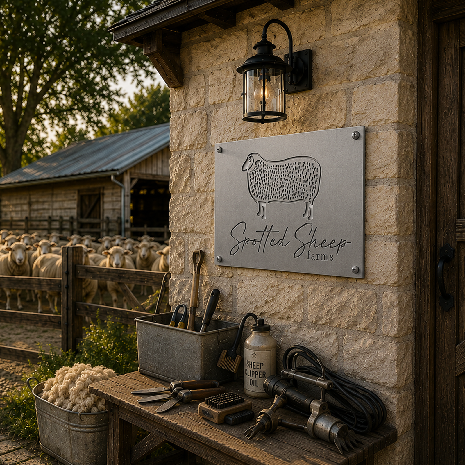 Silver spotted sheep farm metal sign mounted on rustic stone barn wall with sheep pen and farmhouse tools in background