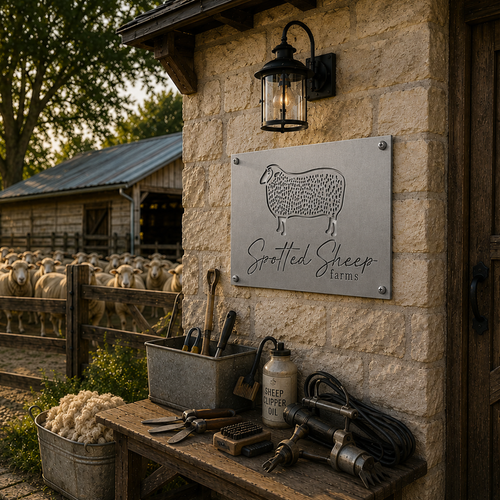 Silver spotted sheep farm metal sign mounted on rustic stone barn wall with sheep pen and farmhouse tools in background