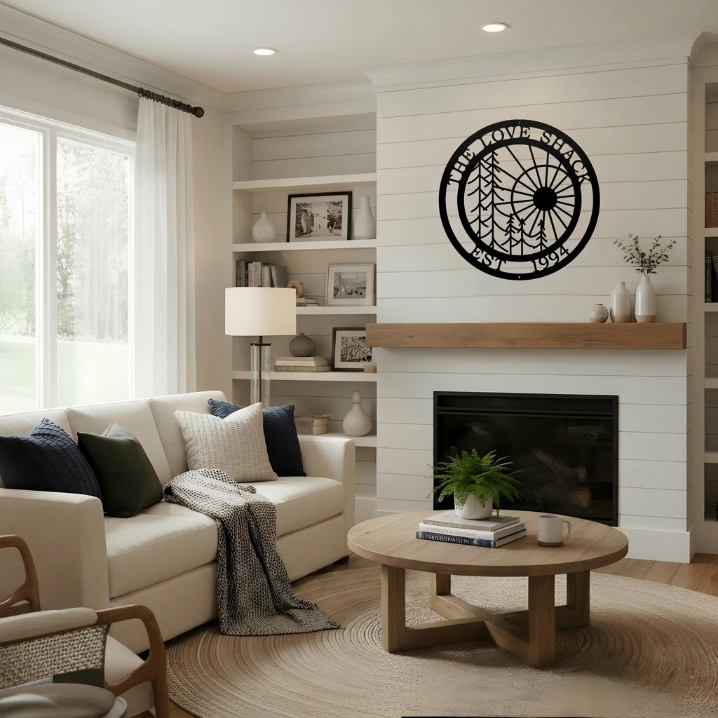 Personalized tree and sun metal wall sign mounted above fireplace in cozy modern farmhouse living room