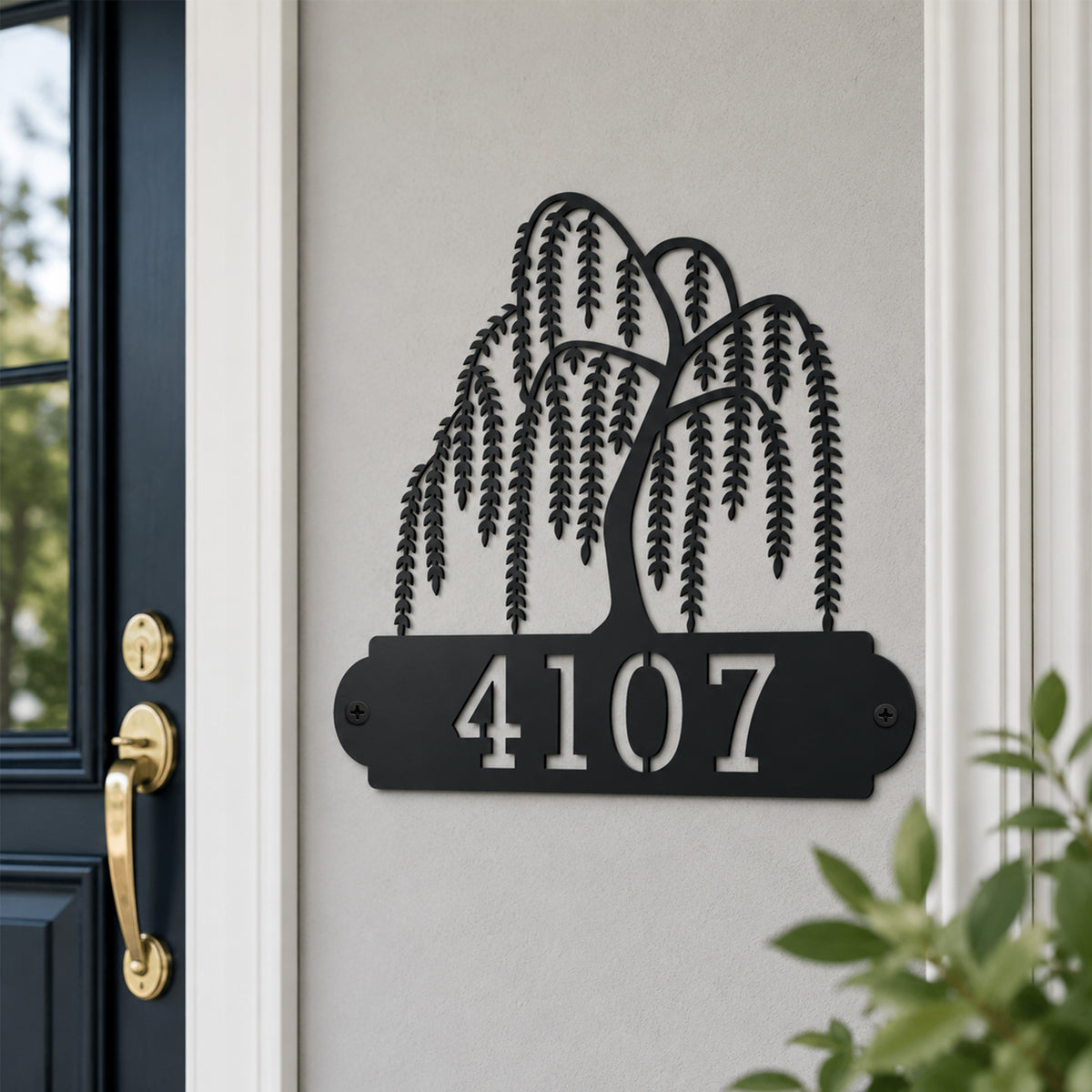 Custom black willow tree address sign with large house numbers mounted beside residential front door entrance
