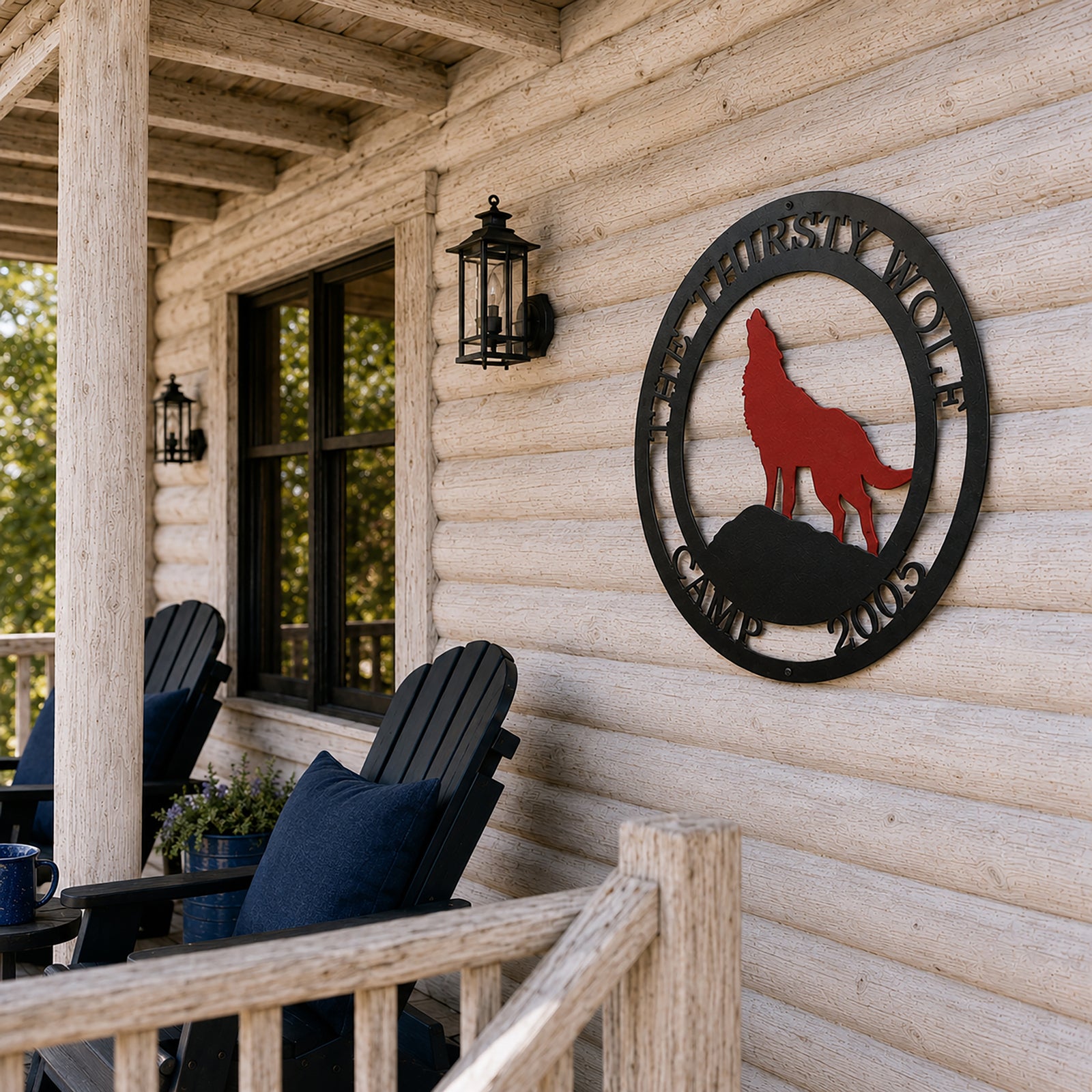 Personalized wolf metal wall décor mounted on rustic cabin porch with outdoor lodge seating and lantern lighting