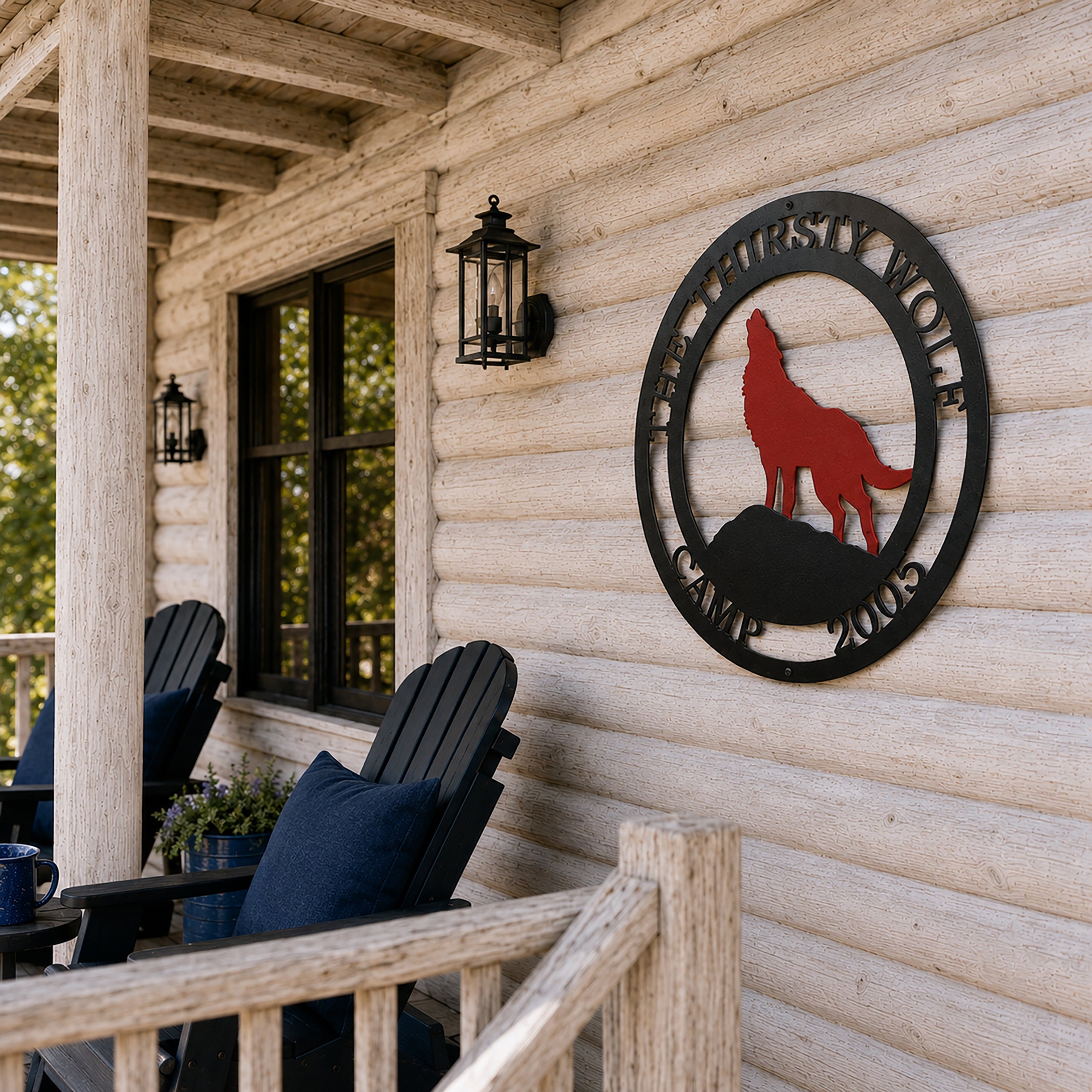 Personalized wolf metal wall décor mounted on rustic cabin porch with outdoor lodge seating and lantern lighting