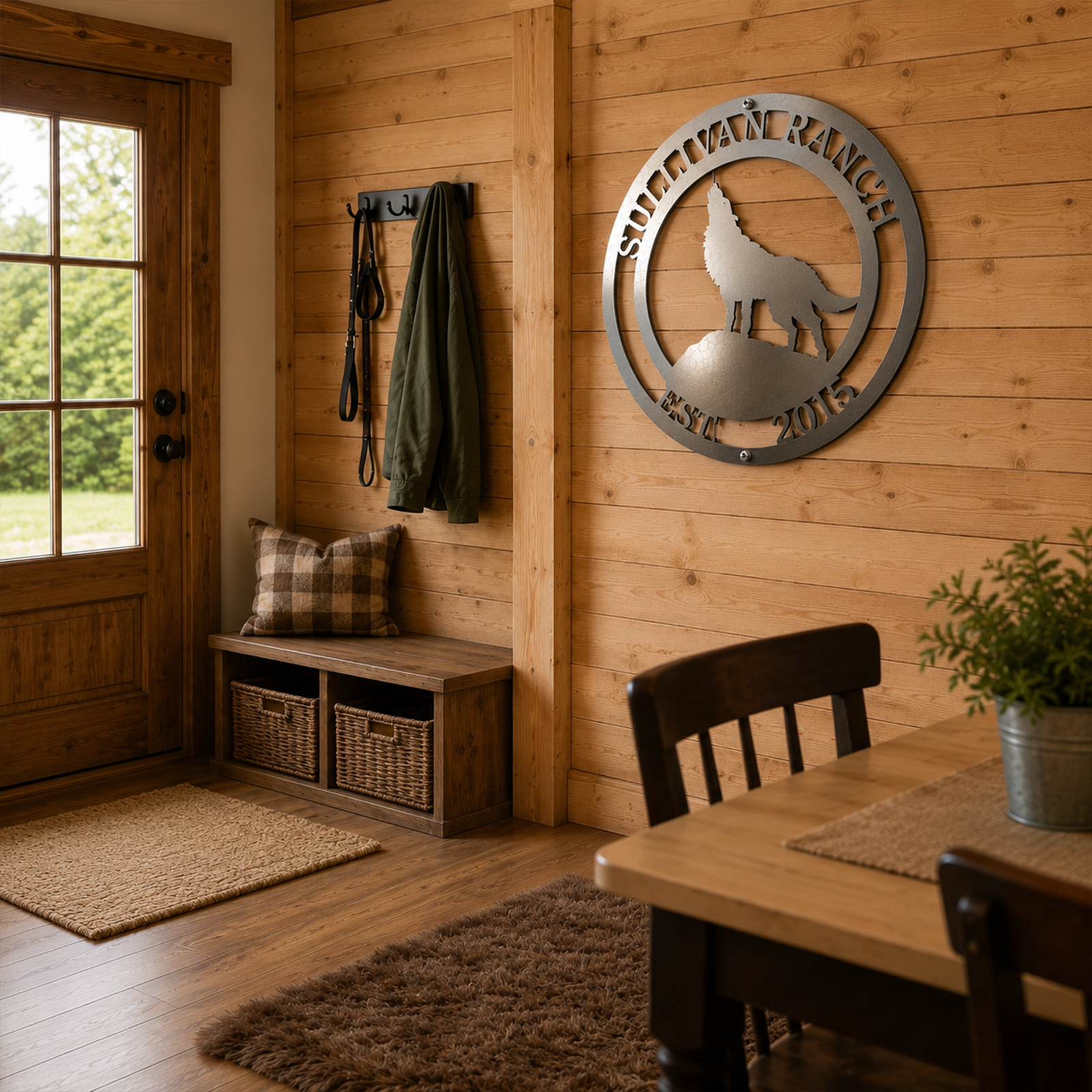 Silver wolf silhouette metal wall sign with custom ranch name and established year in cozy farmhouse entryway
