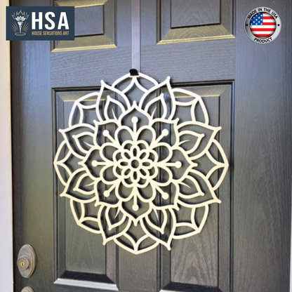 Corona de puerta con mandala de loto: letrero de bienvenida metálico personalizado para el hogar y el jardín