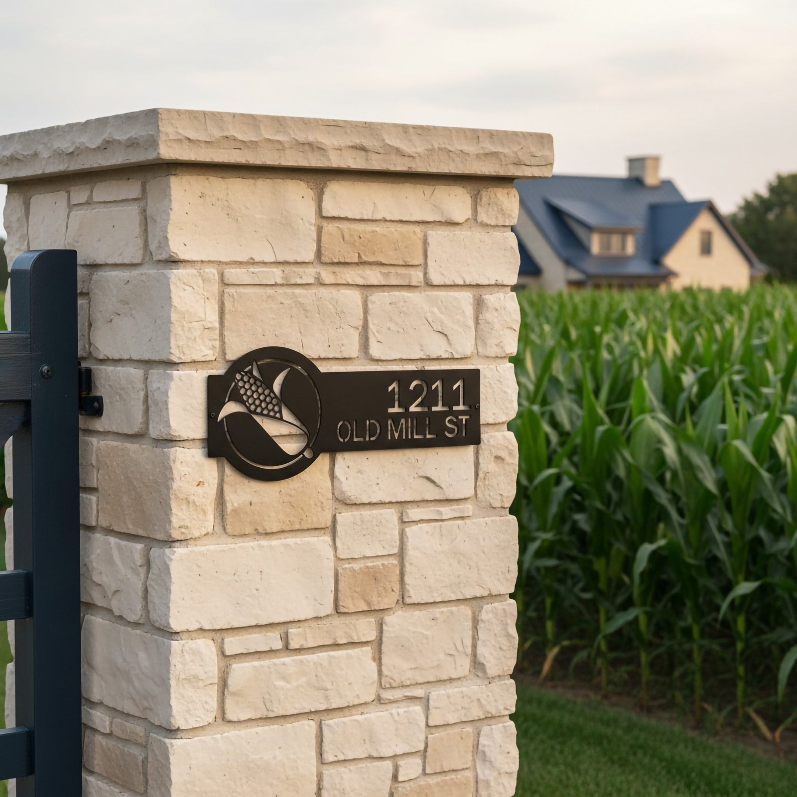 Satin black corn address marker with 1211 Old Mill St mounted on a stone pillar near a rural cornfield and farmhouse