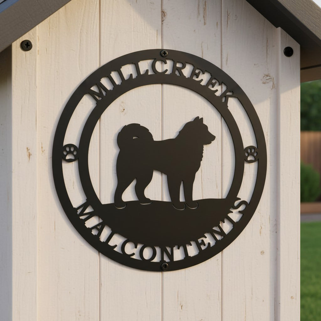 Black round custom dog metal sign with standing dog silhouette mounted on a white wood dog house