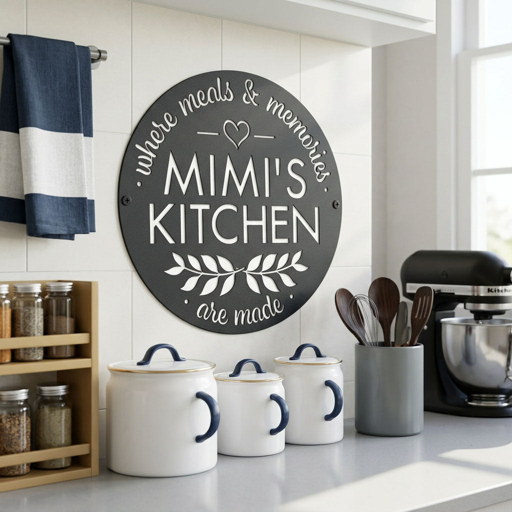 Satin black mimis kitchen metal wall sign displayed above kitchen counter with ceramic canisters and farmhouse decor accents