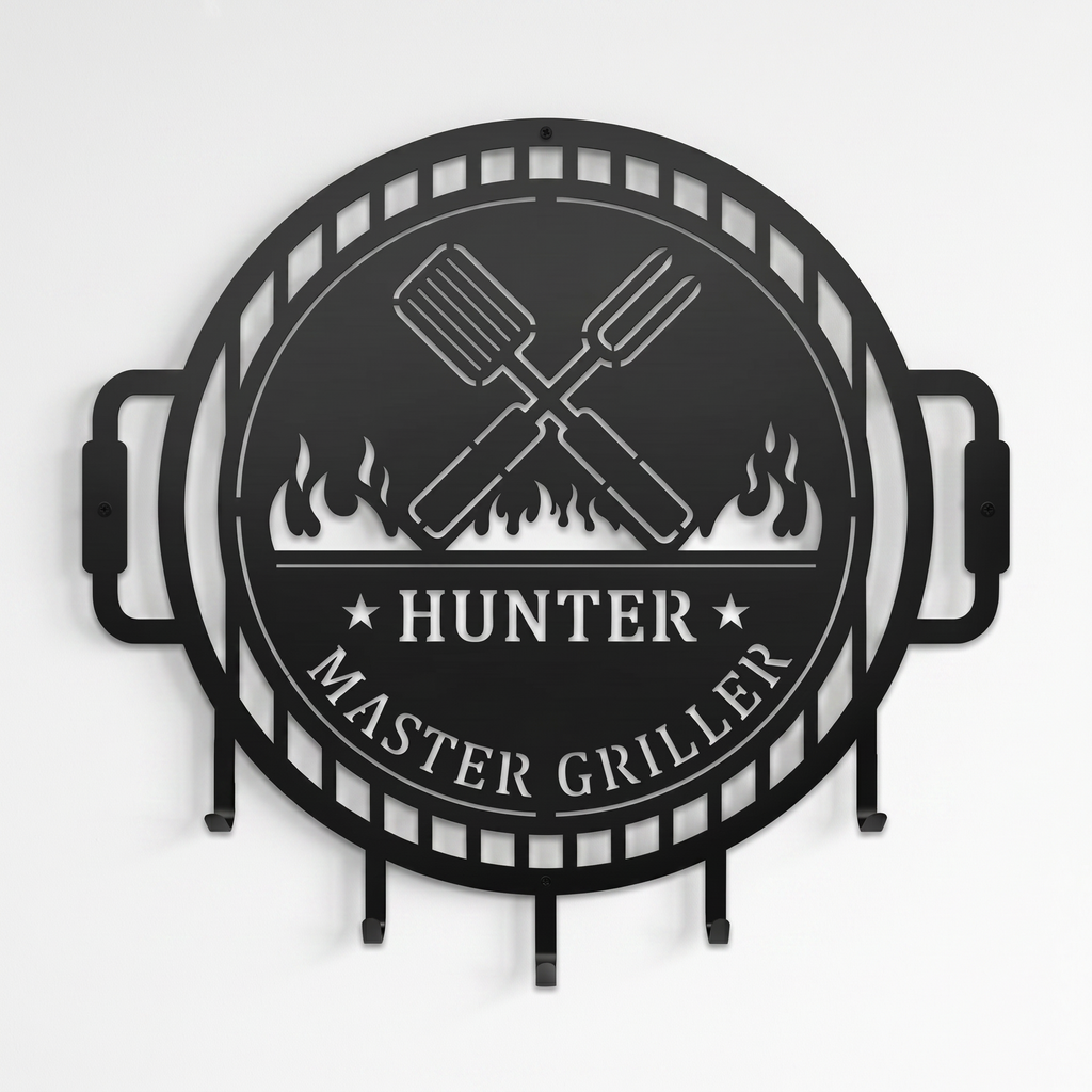 Satin black personalized BBQ grill tool holder metal wall decor with master griller design and grilling utensil hooks