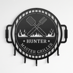 Satin black personalized BBQ grill tool holder metal wall decor with master griller design and grilling utensil hooks