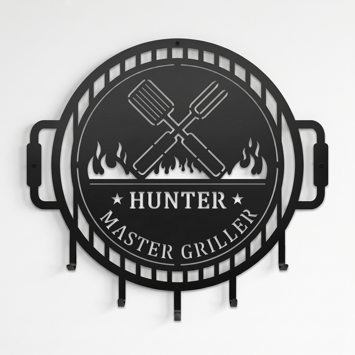 Satin black personalized BBQ grill tool holder metal wall decor with master griller design and grilling utensil hooks