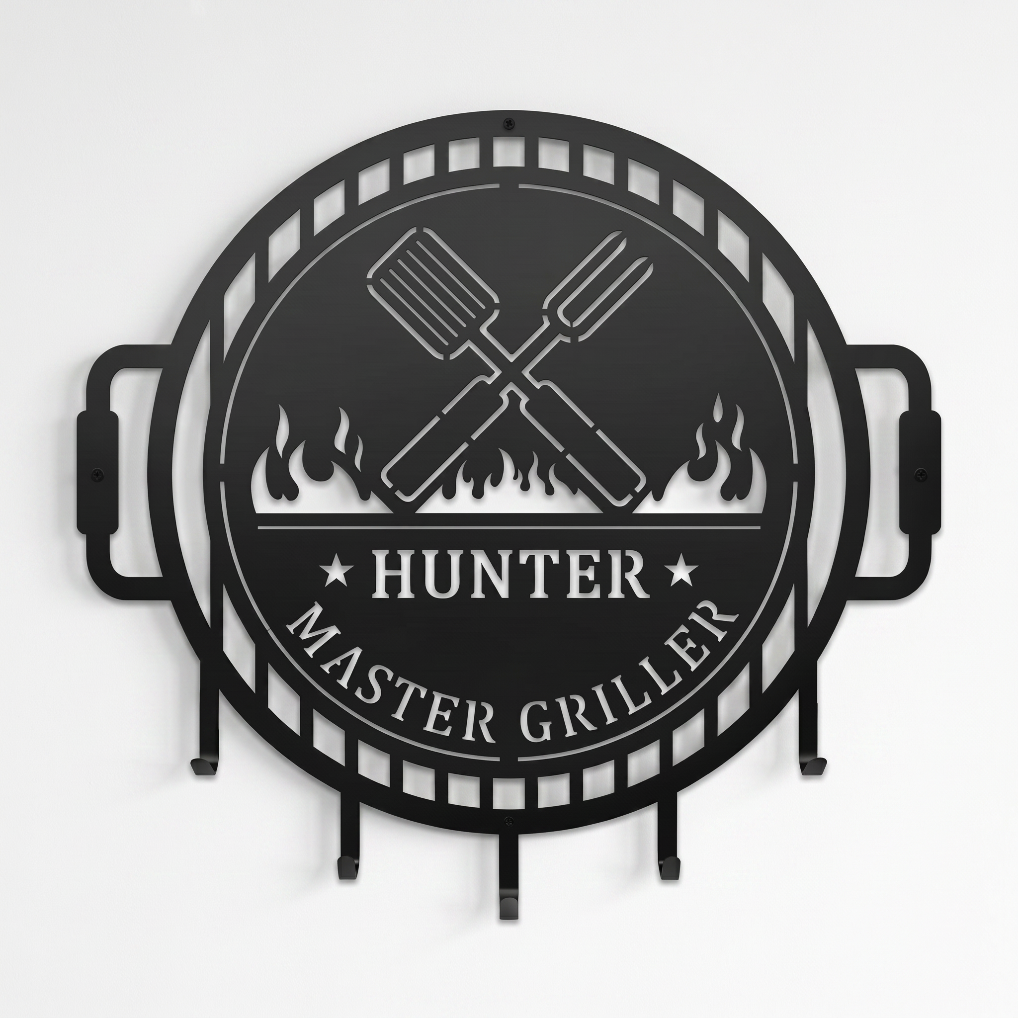 Satin black personalized BBQ grill tool holder metal wall decor with master griller design and grilling utensil hooks