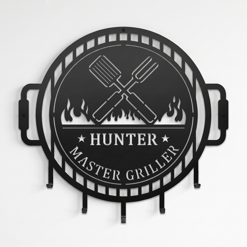 Satin black personalized BBQ grill tool holder metal wall decor with master griller design and grilling utensil hooks