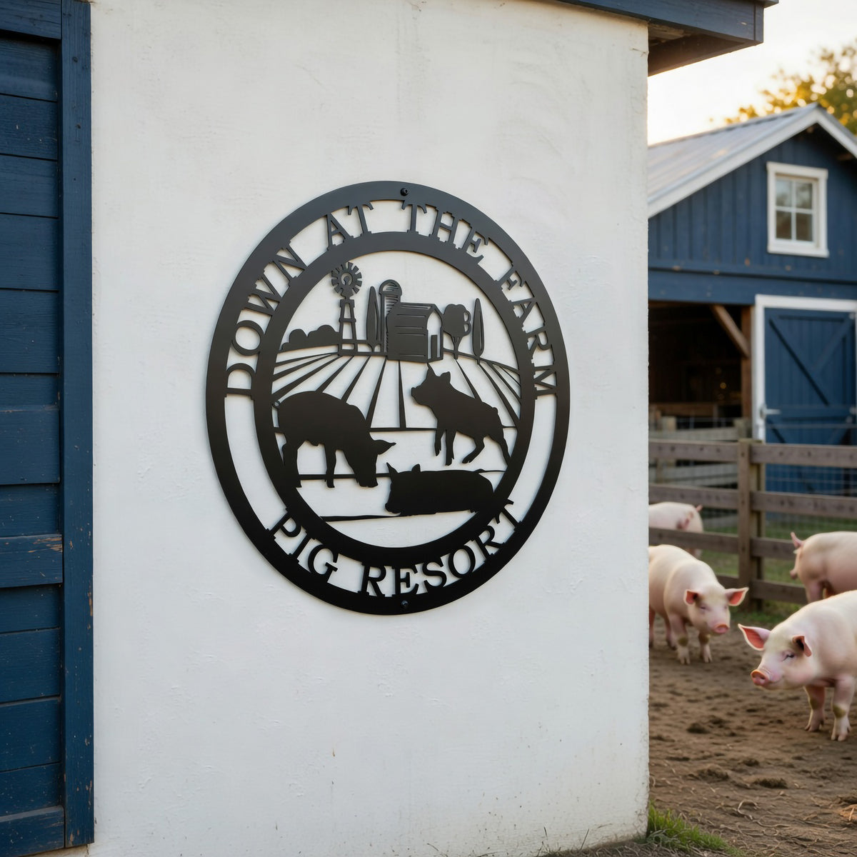Black pig resort metal wall sign with farm landscape and pig silhouettes displayed beside a wooden barn pen