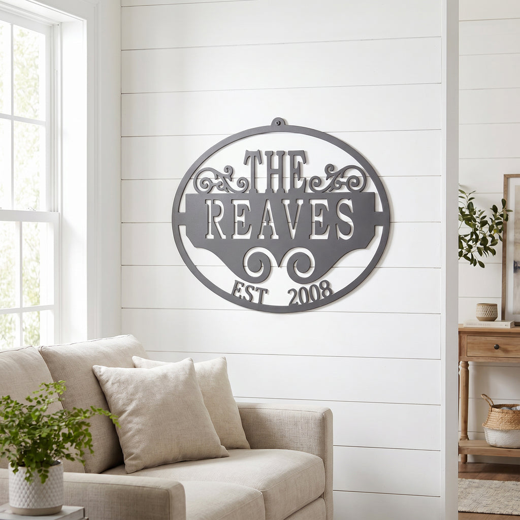 Satin silver personalized family name metal wall art with established year for modern farmhouse interior décor