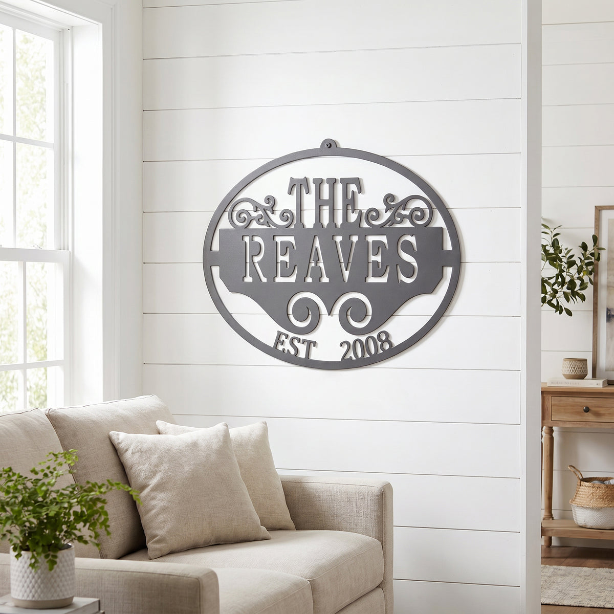 Satin silver personalized family name metal wall art with established year for modern farmhouse interior décor