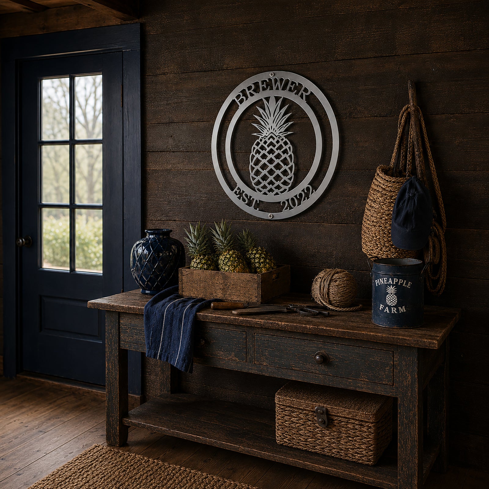 Satin silver pineapple family metal sign mounted on dark wood wall with tropical farmhouse decor and pineapples