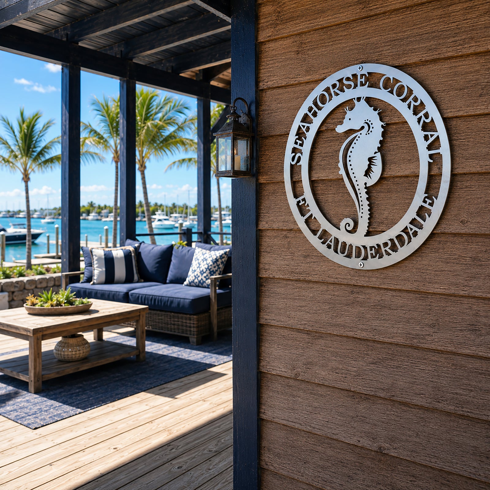 Satin titanium seahorse metal wall decor mounted on wooden patio wall overlooking marina waterfront