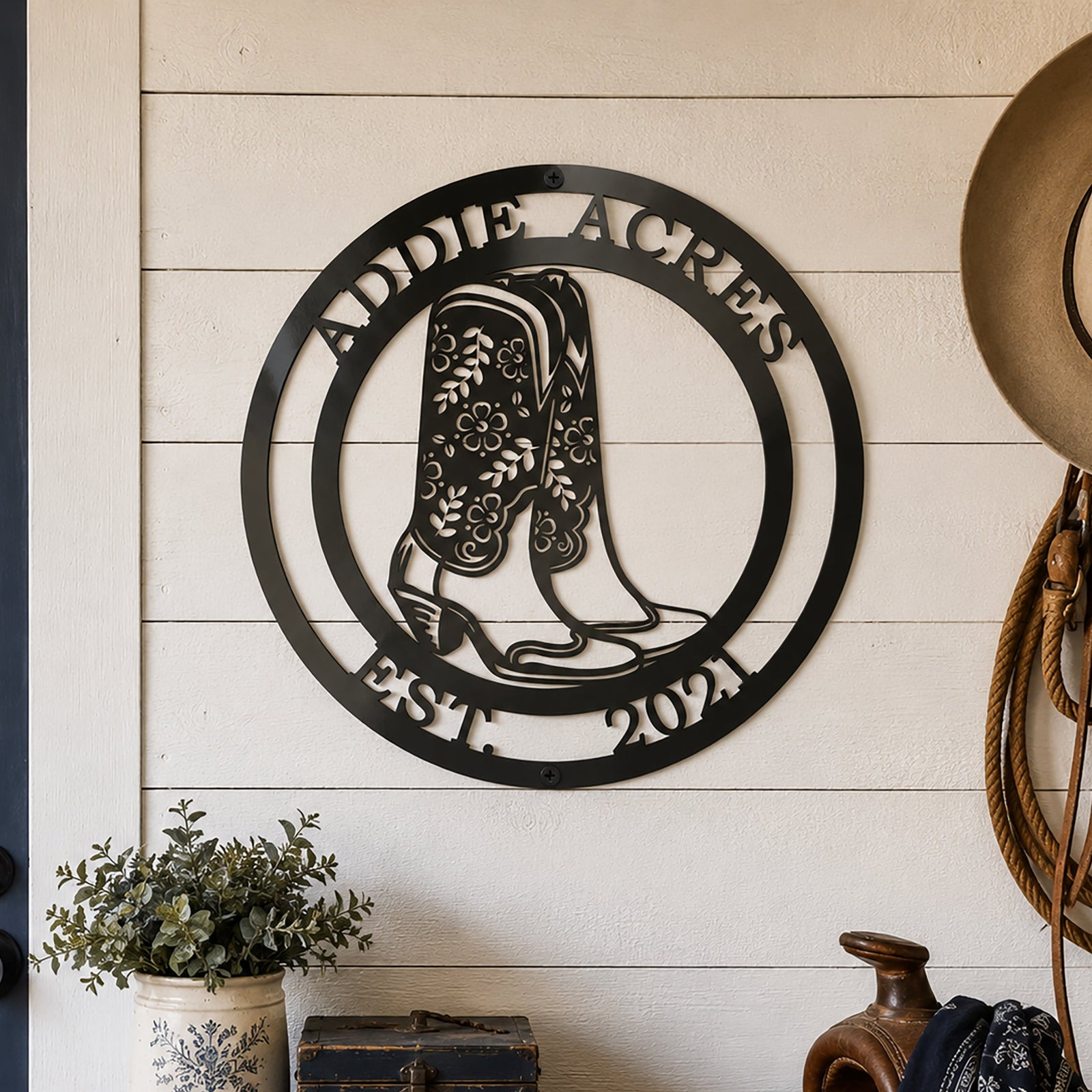 Personalized Cowgirl Boots Sign – Custom Rustic Western Wall Art & Family Decor