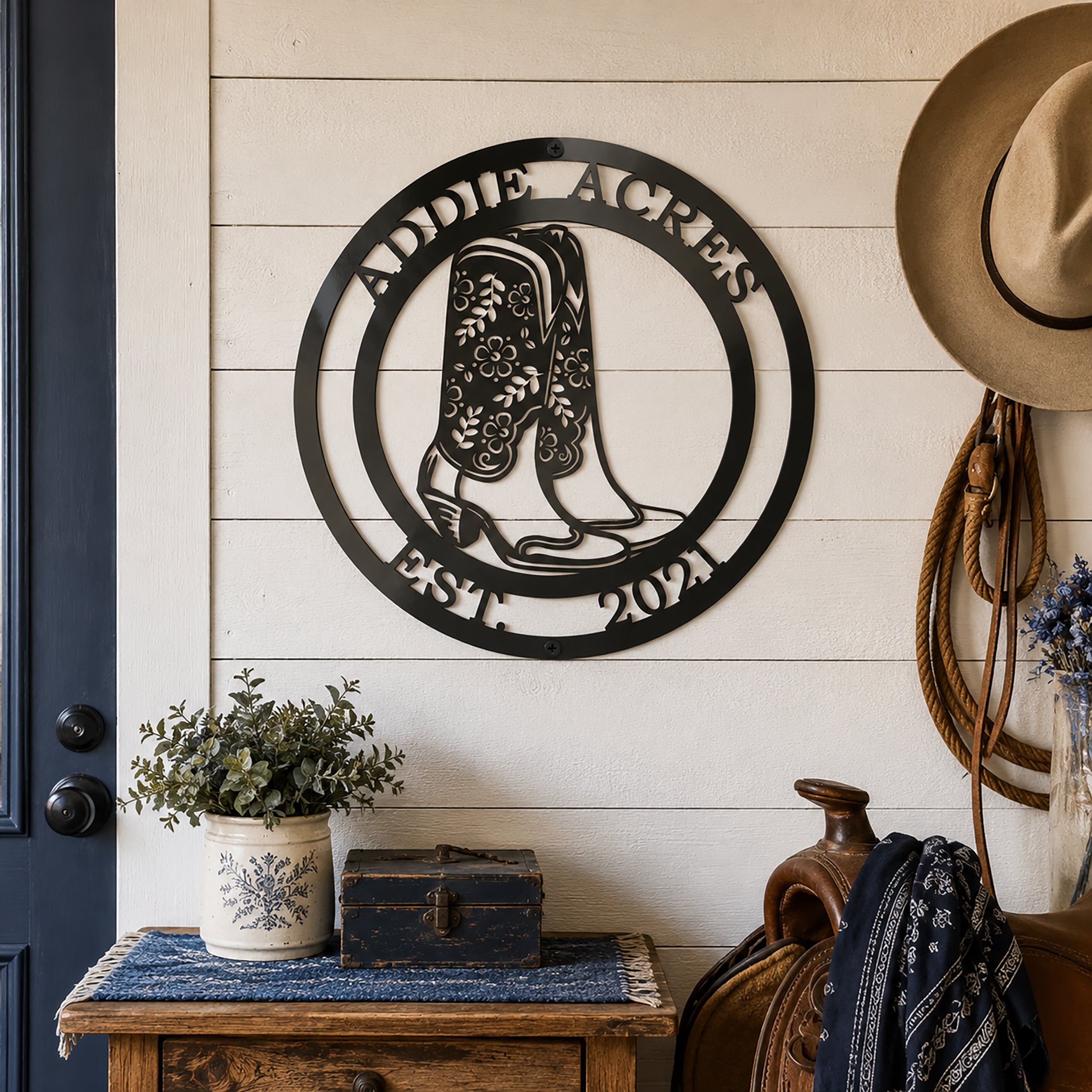 Letrero metálico personalizado "Botas de Vaquera": placa con número de casa personalizada para decoración de exteriores