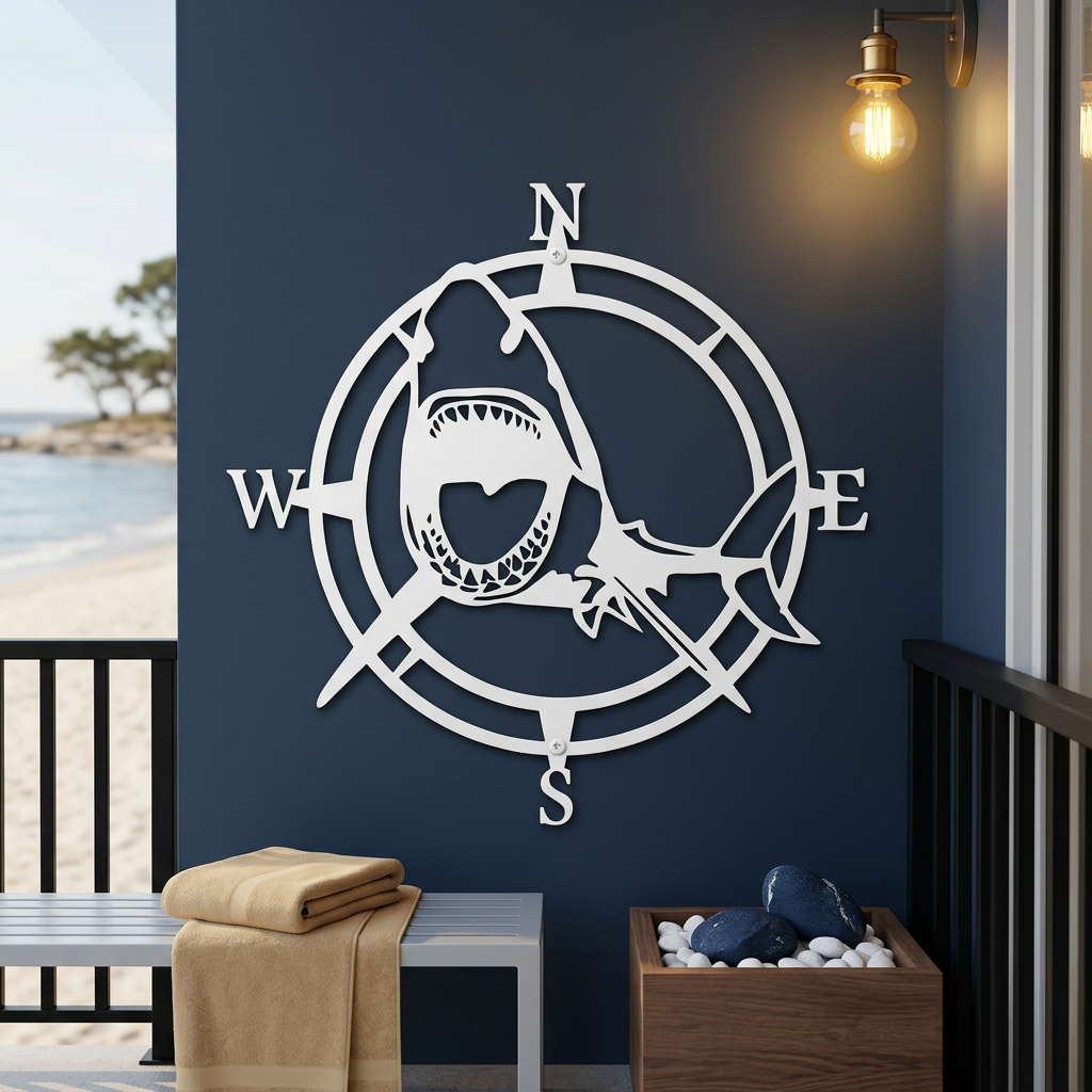 White shark compass metal wall art mounted on a navy blue beach house wall with ocean view and coastal porch decor