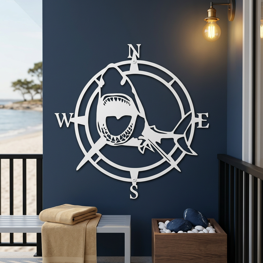 White shark compass metal wall art mounted on a navy blue beach house wall with ocean view and coastal porch decor