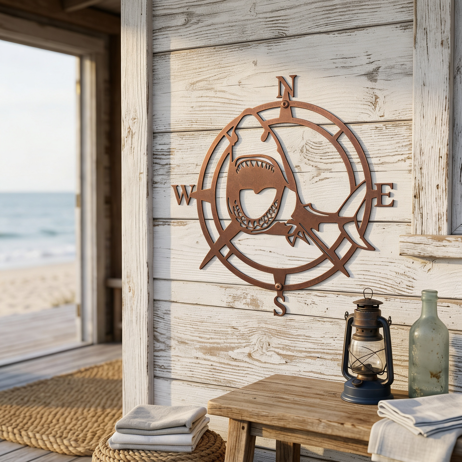 Tuscan copper shark compass metal wall art displayed on rustic white wood siding near beach house entry decor