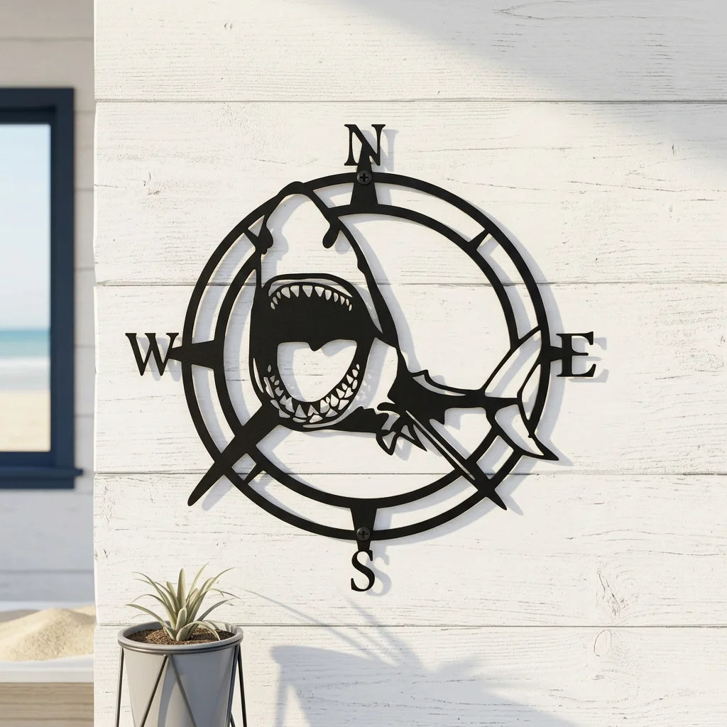 Custom Shark Nautical Compass Wall Art — Personalized  Coastal Home or Office Decor