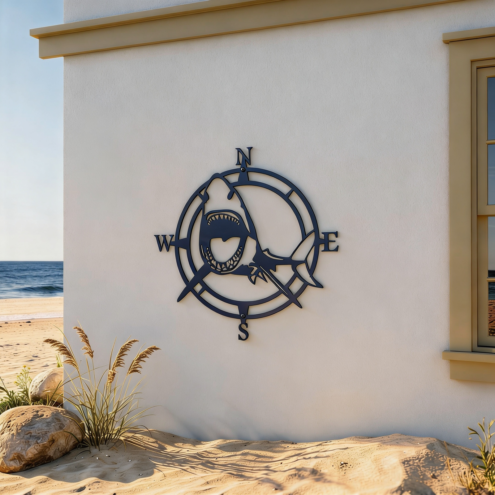 Navy blue shark compass metal wall art mounted on a beach house exterior wall with sand and ocean in the background