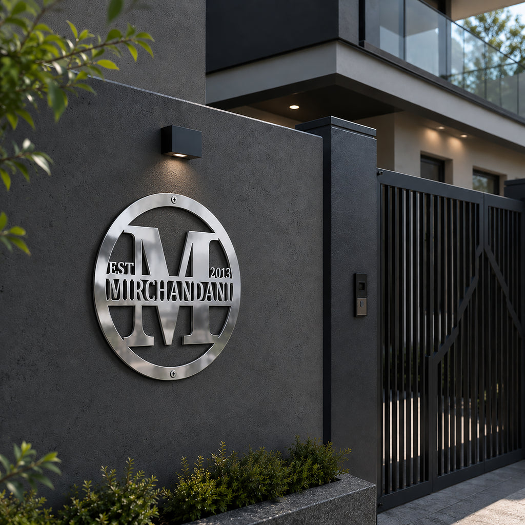 Chrome personalized family name metal sign mounted on a modern exterior wall beside a black gate