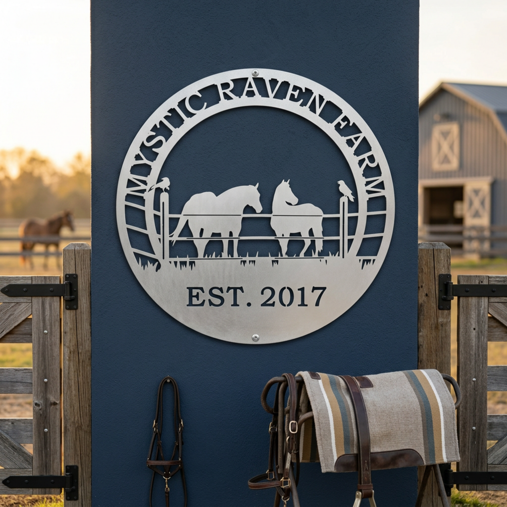 Silver Mystic Raven Farm metal sign with two horses and raven design mounted on a dark blue wall near saddle and tack decor