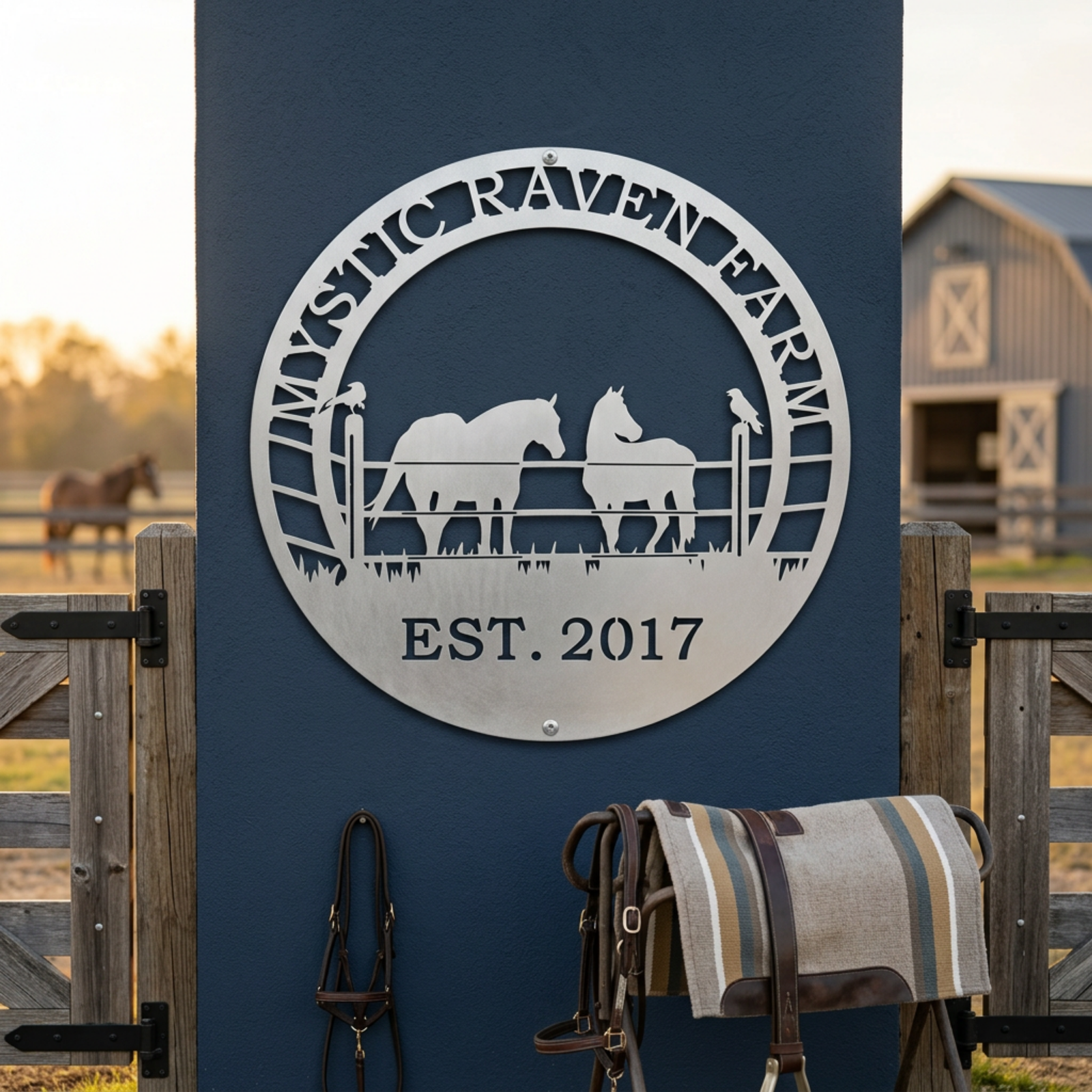 Silver Mystic Raven Farm metal sign with two horses and raven design mounted on a dark blue wall near saddle and tack decor