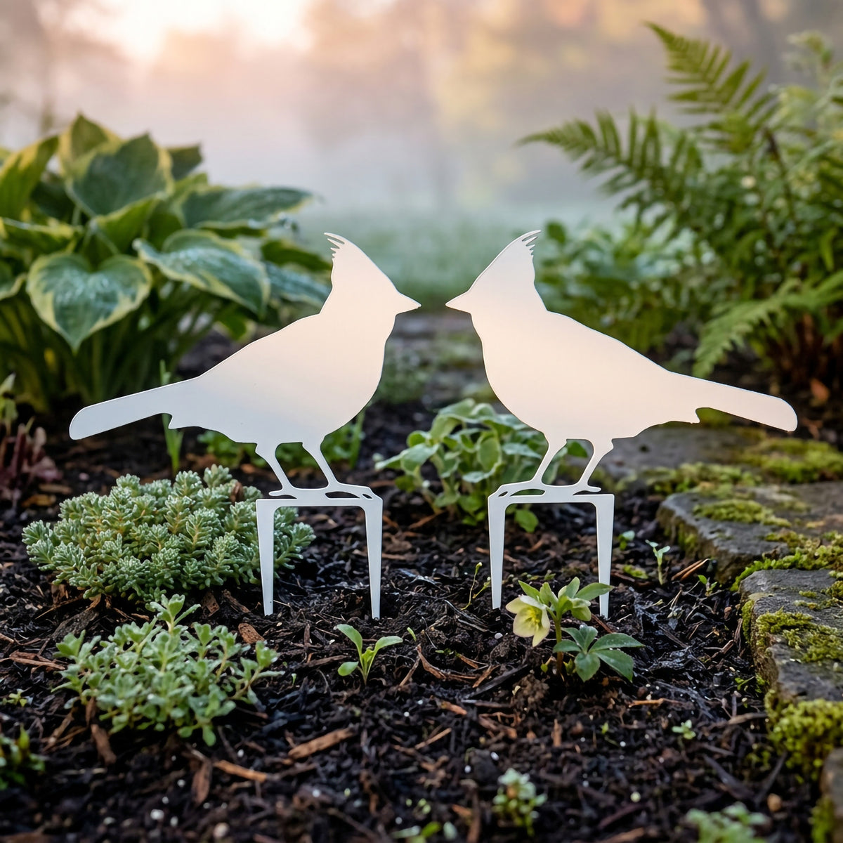 Sky white metal cardinal garden stakes placed in outdoor flower bed surrounded by greenery and stone garden edging