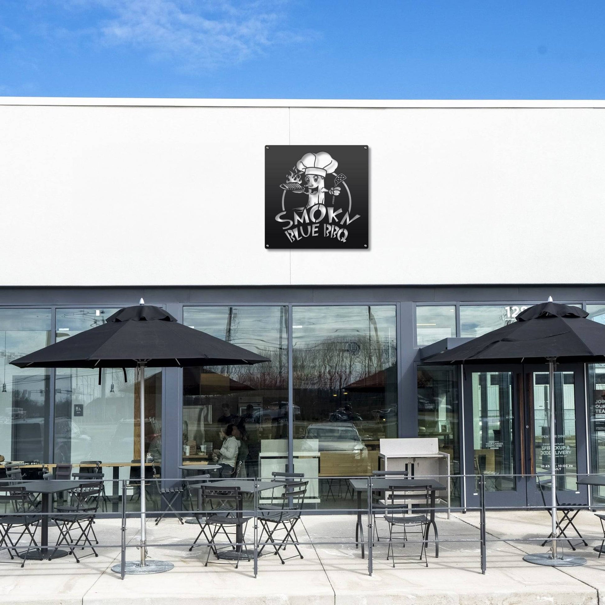 Custom STOREFRONT Brand/Business Logo Sign displayed outside a building with tables and umbrellas, showcasing its versatility for professional environments like office doors or lobbies.