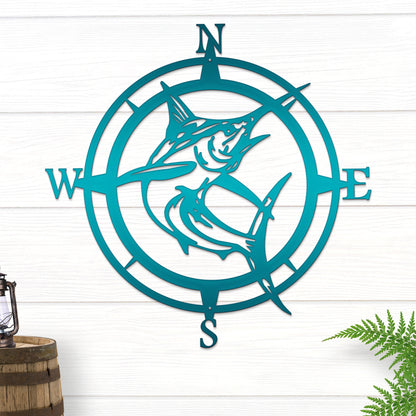 Personalized Marlin Compass Metal Wall Decor - Personalized Nautical Wall Art, Family Name & Date - Indoor Outdoor Metal Decor, Housewarming or Wedding Gift for Couples