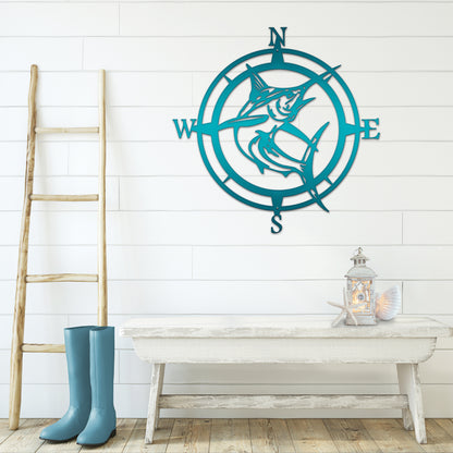 Personalized Marlin Compass Metal Wall Decor - Personalized Nautical Wall Art, Family Name & Date - Indoor Outdoor Metal Decor, Housewarming or Wedding Gift for Couples