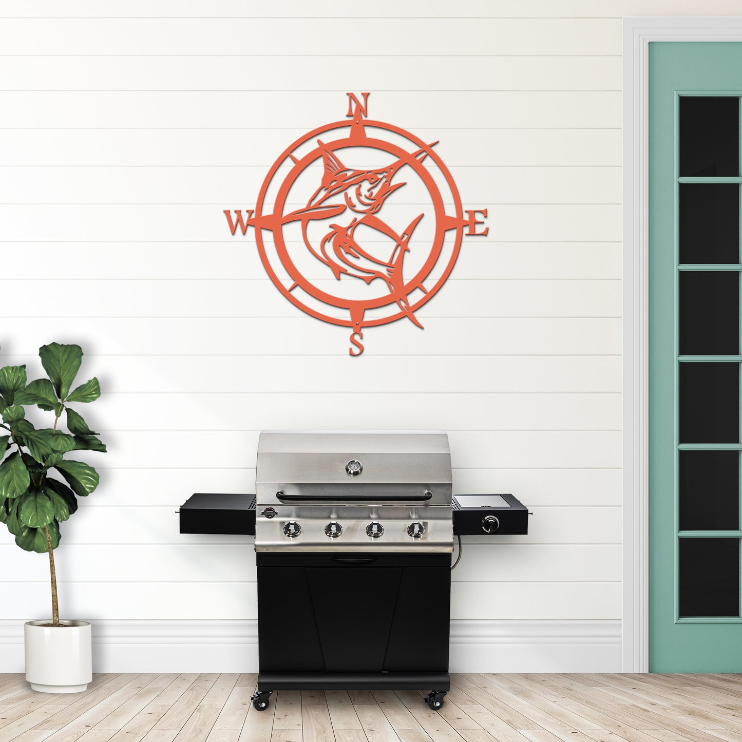 Personalized Marlin Compass Metal Wall Decor - Personalized Nautical Wall Art, Family Name & Date - Indoor Outdoor Metal Decor, Housewarming or Wedding Gift for Couples