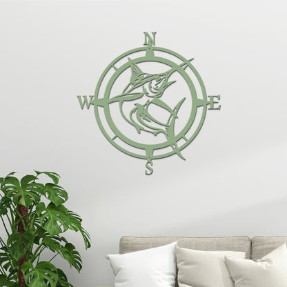 Personalized Marlin Compass Metal Wall Decor - Personalized Nautical Wall Art, Family Name & Date - Indoor Outdoor Metal Decor, Housewarming or Wedding Gift for Couples