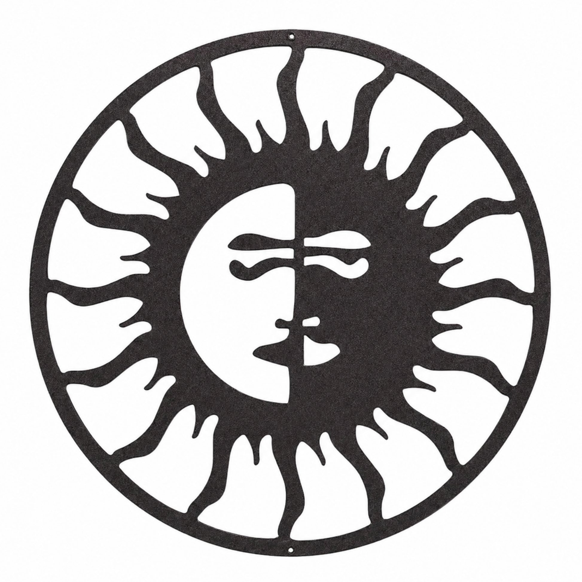 Black metal sun and moon wall art with half face design, celestial round decor for home wall, indoor or outdoor decorative metal sign