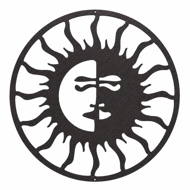 Black metal sun and moon wall art with half face design, celestial round decor for home wall, indoor or outdoor decorative metal sign