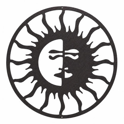 Black metal sun and moon wall art with half face design, celestial round decor for home wall, indoor or outdoor decorative metal sign