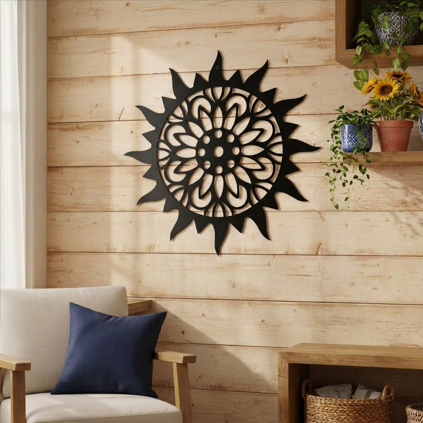 A large black laser-cut metal sun medallion mounted on a light wood horizontal plank wall, positioned above a cream-colored armchair with a navy blue pillow.