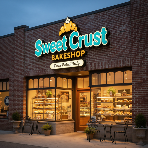 Custom illuminated bakery storefront sign with dimensional channel letters and croissant logo mounted on brick building exterior at night