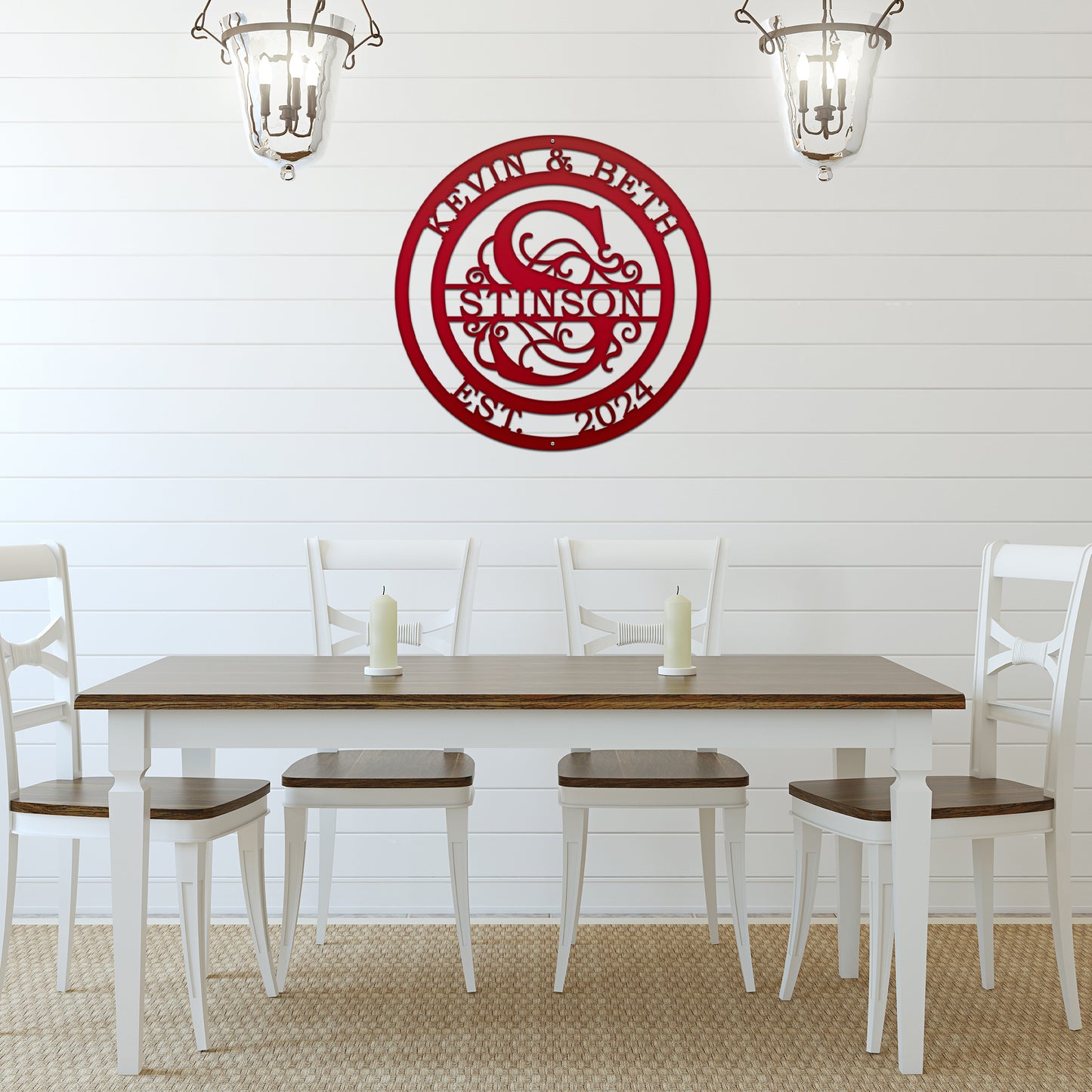 Couple's Monogram Established Sign displayed on a dining table, showcasing personalized family name and monogram metal wall art, ideal for weddings or home decor, crafted from durable steel.