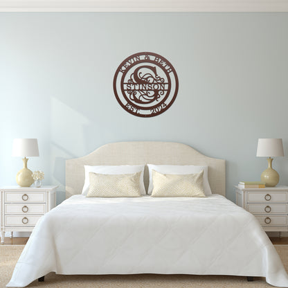 Couple's Monogram Established Sign displayed on a white bed with pillows, featuring customizable metal artwork for home decor, ideal as a personalized wedding or housewarming gift.