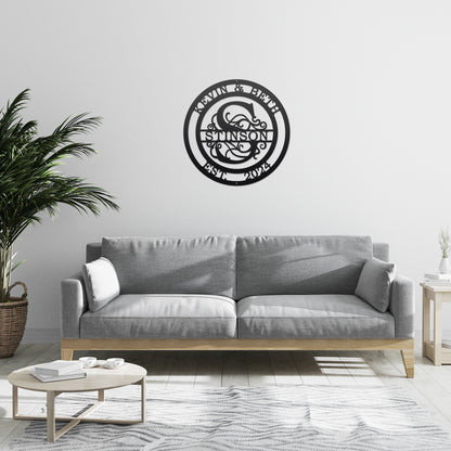 Couple's Monogram Established Sign displayed in a stylish room setting, featuring a personalized family name design on a black metal sign, complementing the interior decor with elegance.