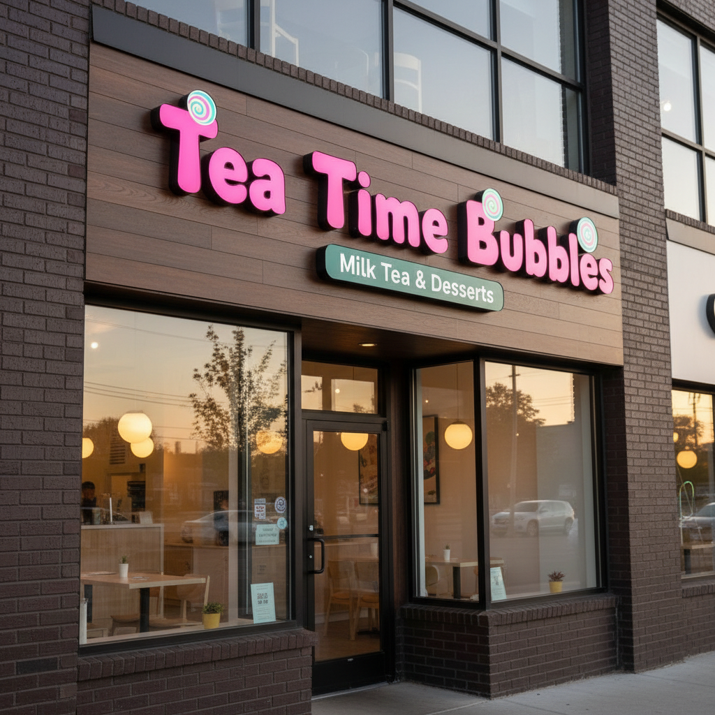 Custom illuminated bubble tea storefront sign with pink dimensional channel letters mounted on modern wood panel business facade for milk tea cafe branding