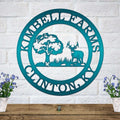 Teal personalized deer hunting cabin metal wall sign with buck deer and rustic woodland landscape scene