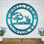 Teal personalized deer hunting cabin metal wall sign with buck deer and rustic woodland landscape scene
