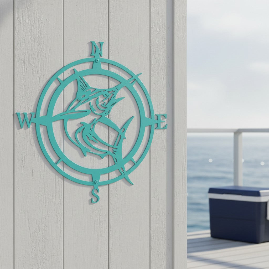 Teal green-blue metal marlin compass sign mounted on light grey vertical shiplap siding next to a blue cooler box on an oceanfront deck.